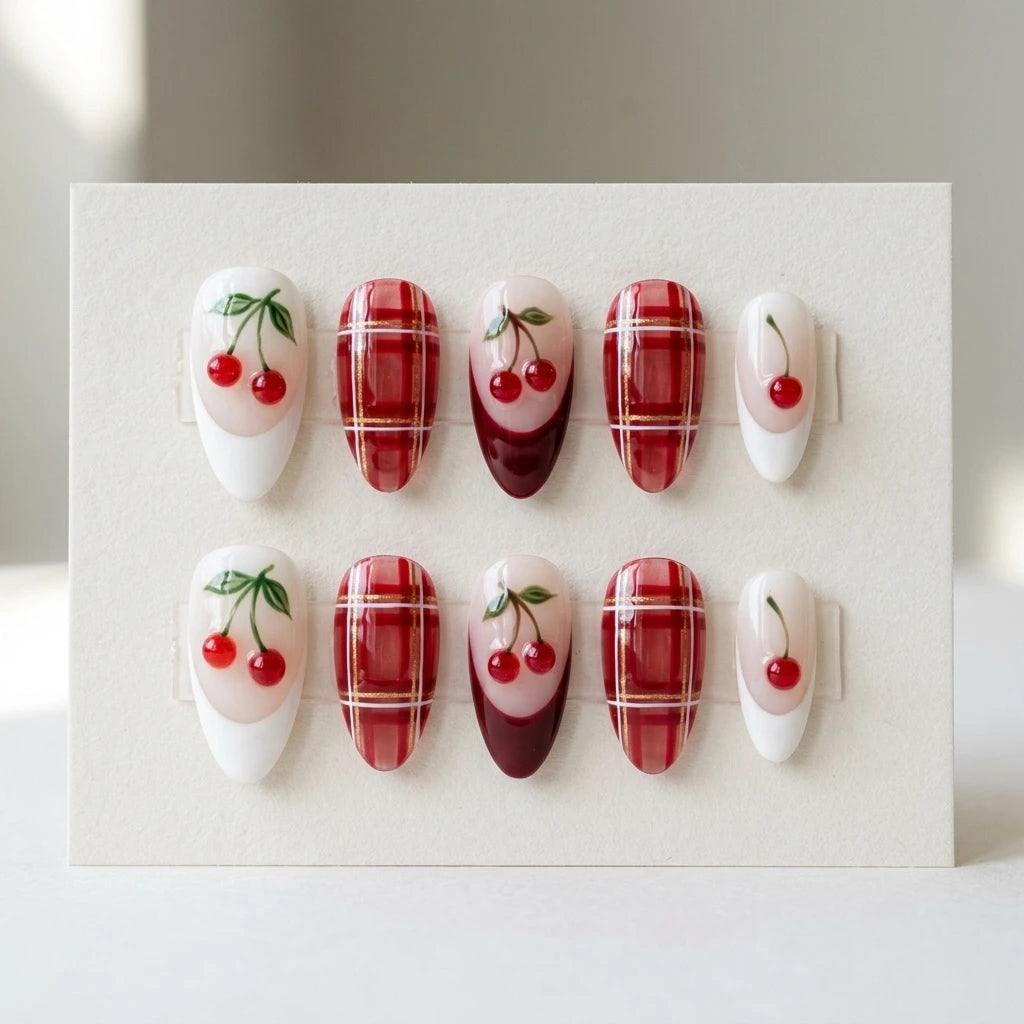 blush nude cherry red 3d french almond press on nails cherry gold plaid flat lay 04