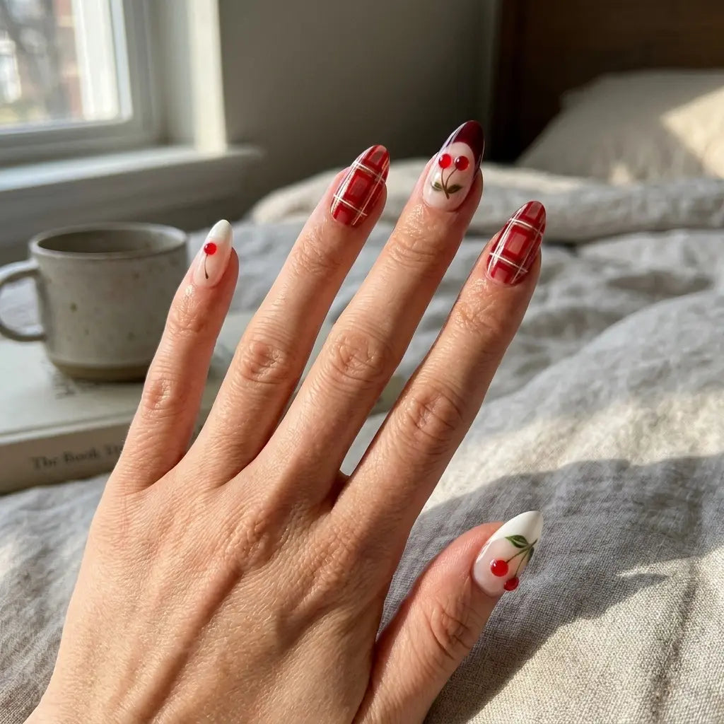 blush nude cherry red 3d french almond press on nails cherry gold plaid lifestyle 02