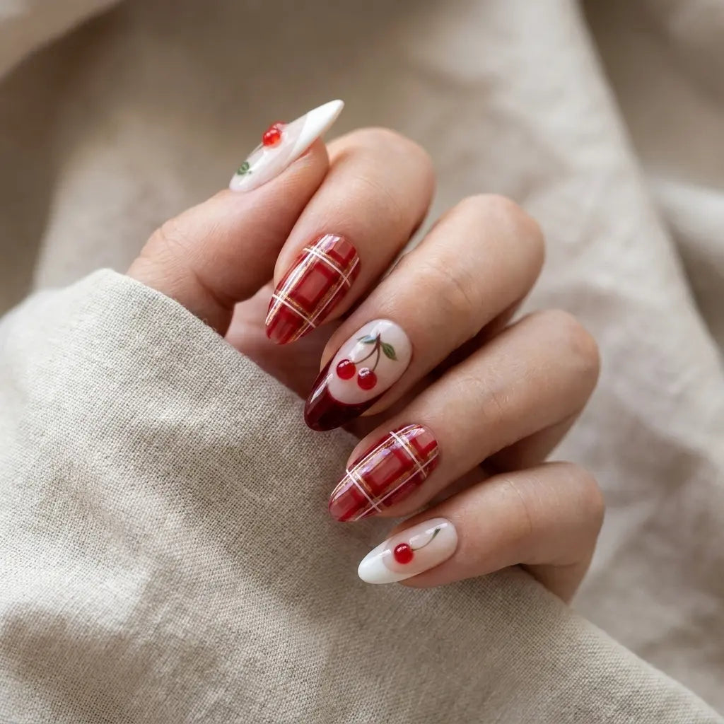 blush nude cherry red 3d french almond press on nails cherry gold plaid mockup 01