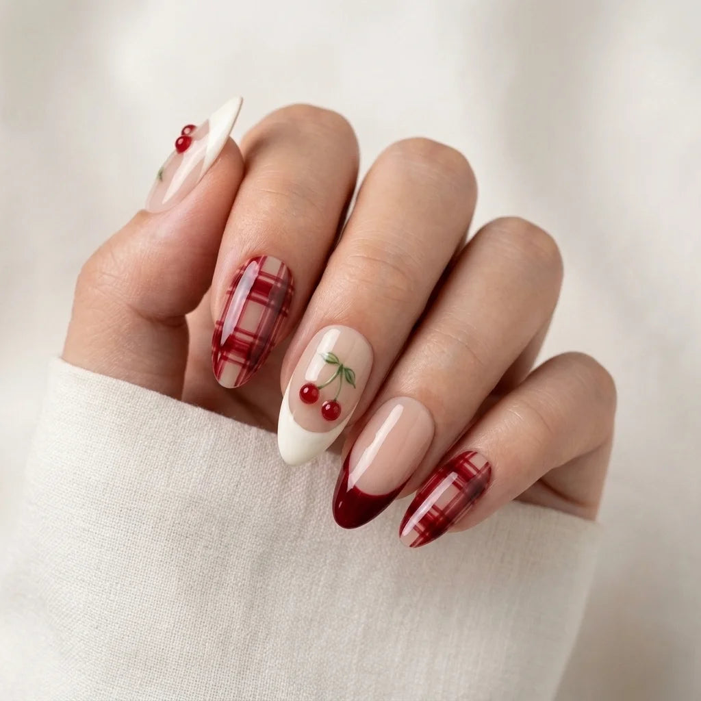 blush nude cherry red 3d french almond press on nails cherry plaid detail 03