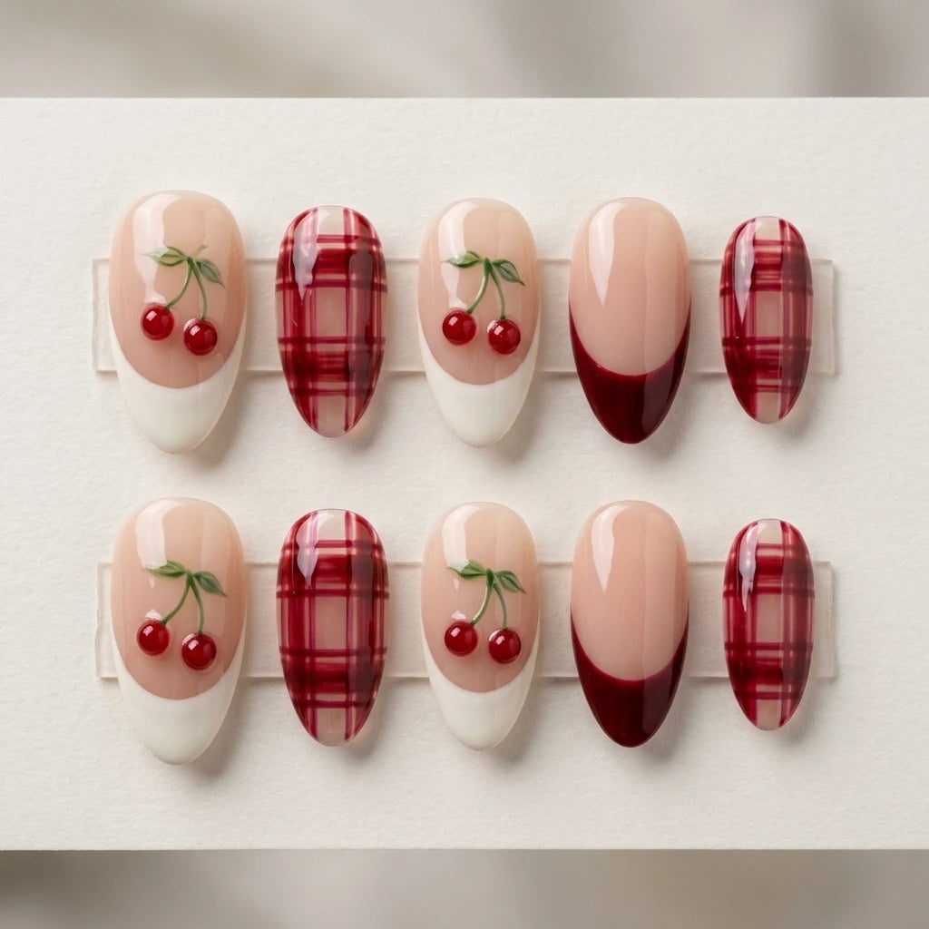 blush nude cherry red 3d french almond press on nails cherry plaid flat lay 04