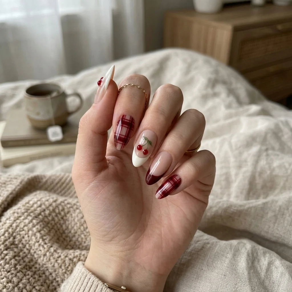 blush nude cherry red 3d french almond press on nails cherry plaid lifestyle 02