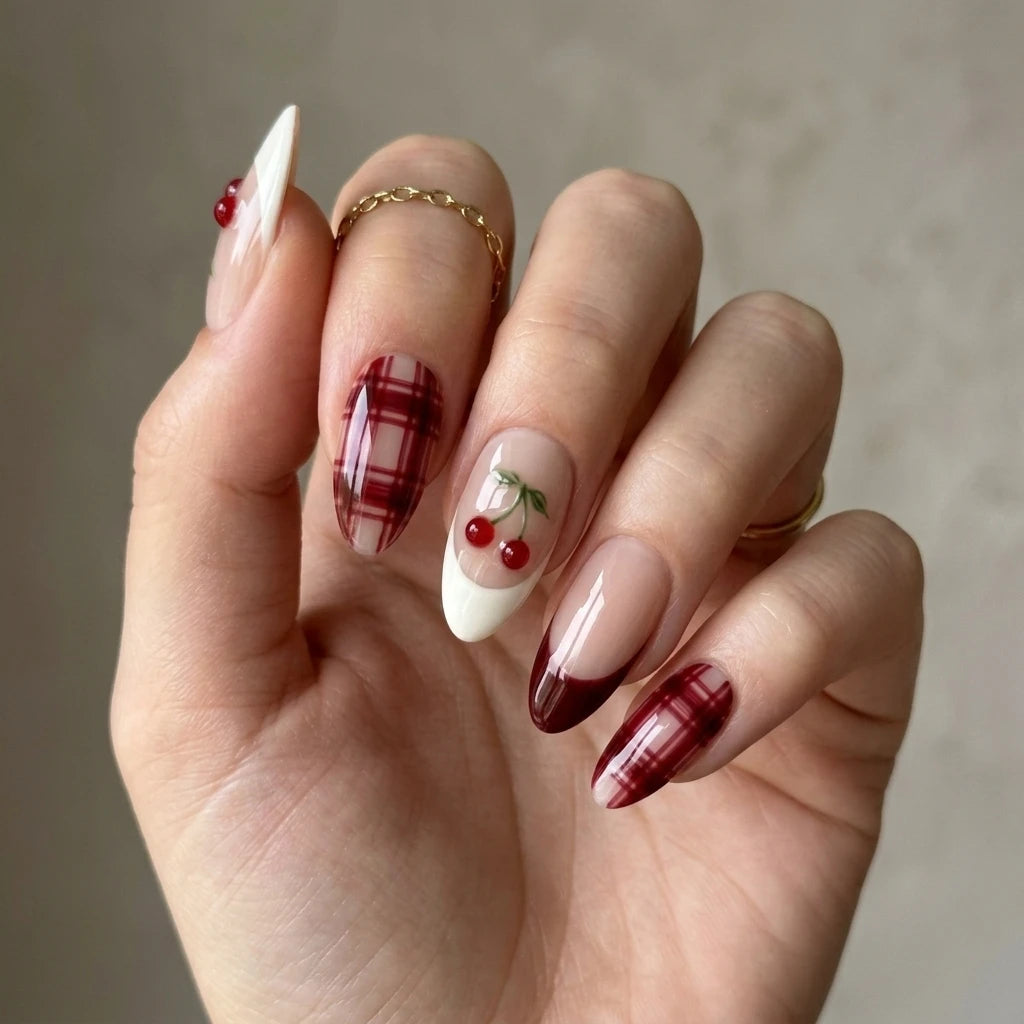 blush nude cherry red 3d french almond press on nails cherry plaid mockup 01