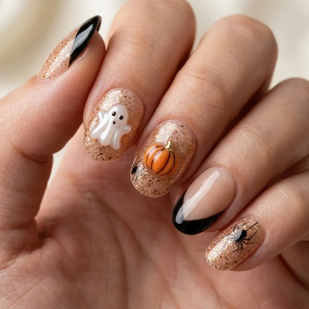 blush nude jet black 3d halloween oval press on nails ghost pumpkin spider glitter detail 03