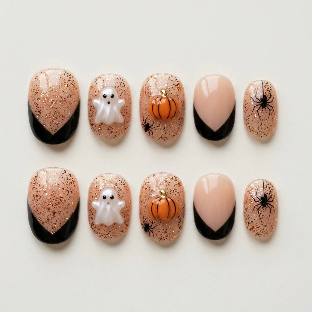 blush nude jet black 3d halloween oval press on nails ghost pumpkin spider glitter flat lay 04