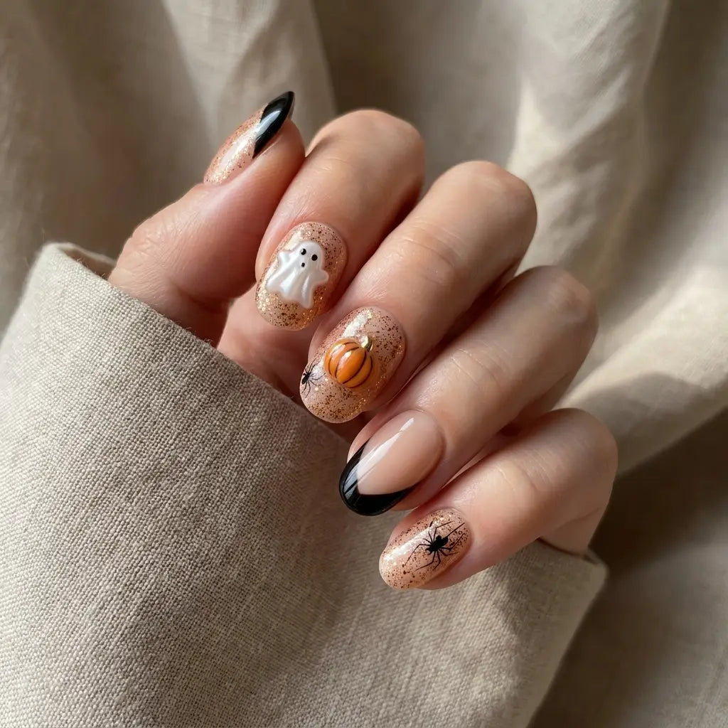 blush nude jet black 3d halloween oval press on nails ghost pumpkin spider glitter lifestyle 02