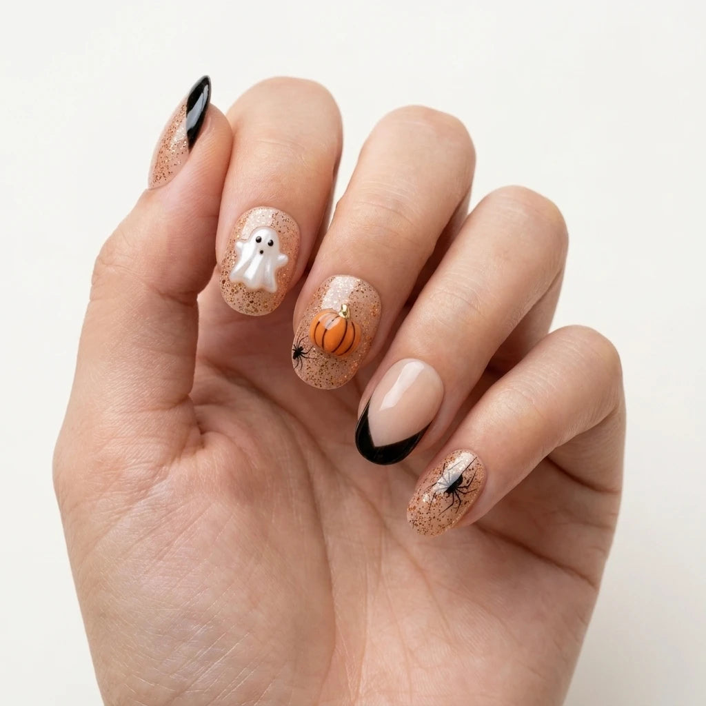 blush nude jet black 3d halloween oval press on nails ghost pumpkin spider glitter mockup 01
