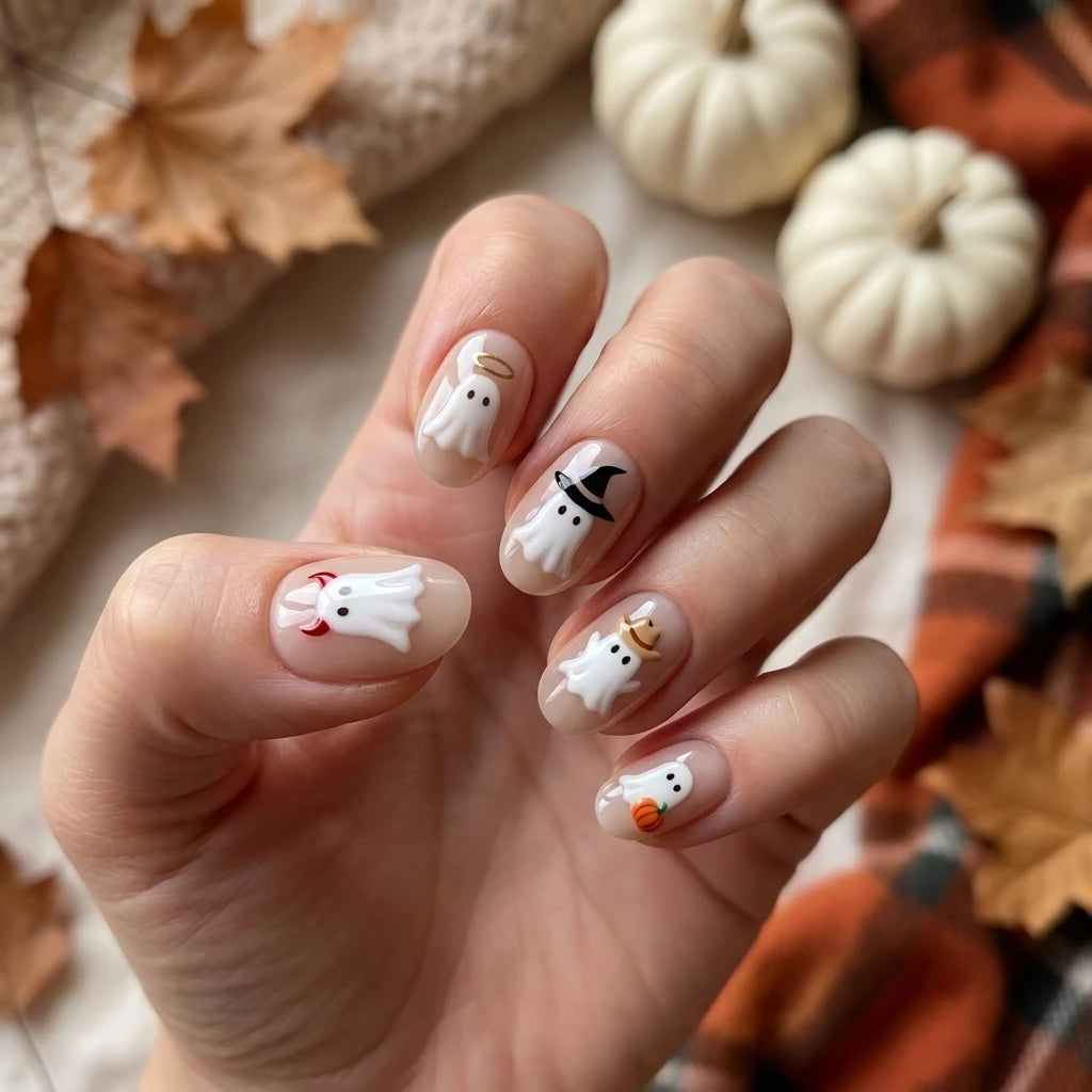 blush nude milky white 3d halloween oval press on nails cute ghost hat pumpkin detail 03