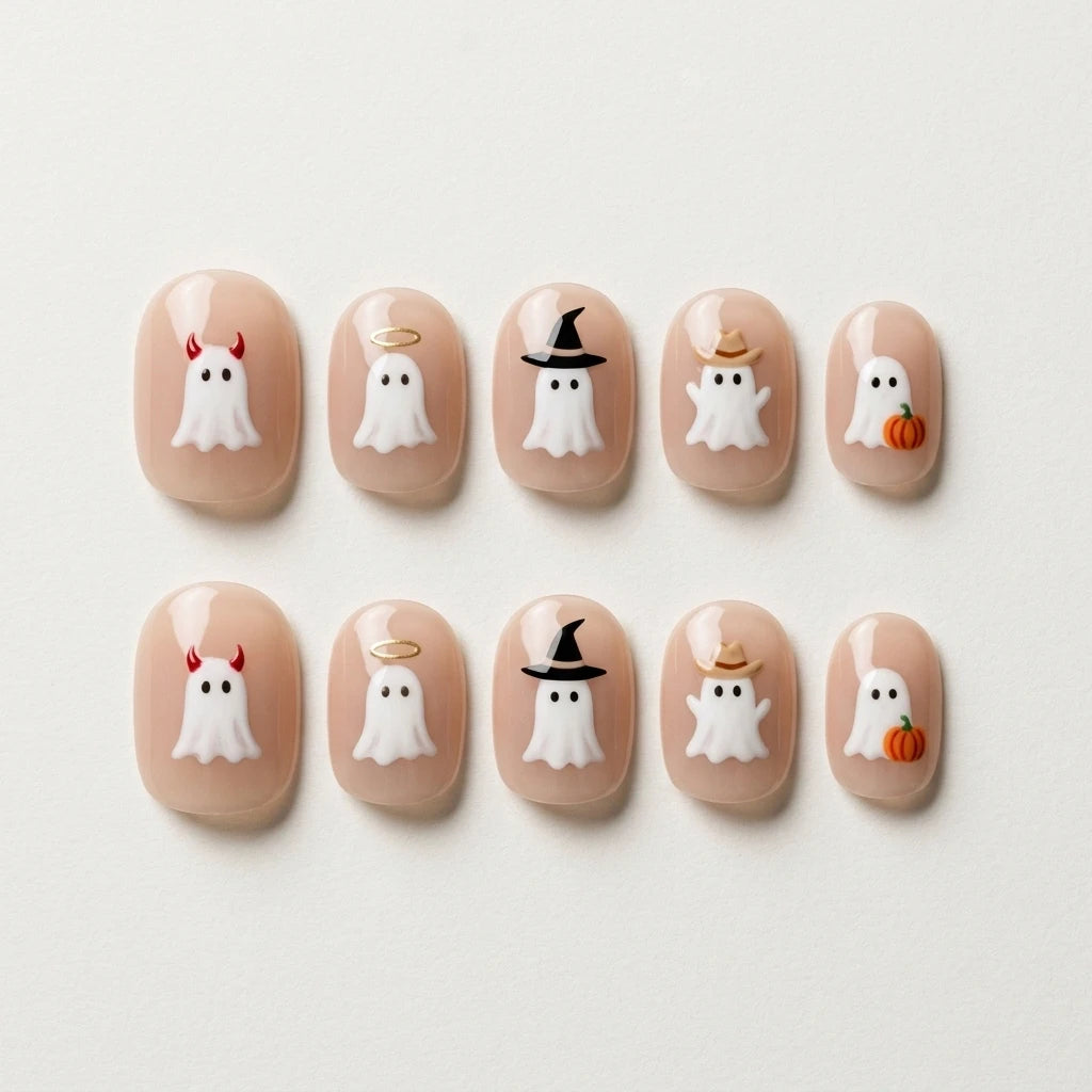 blush nude milky white 3d halloween oval press on nails cute ghost hat pumpkin flat lay 04