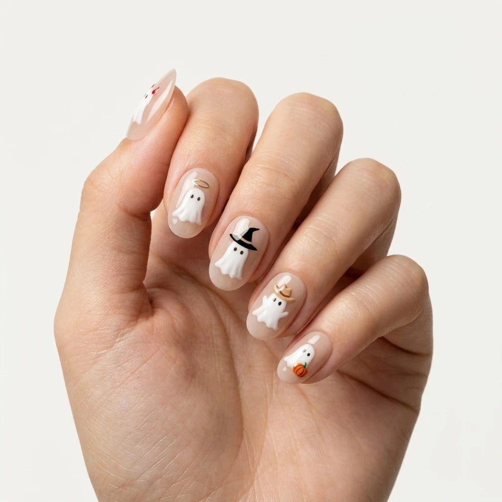 blush nude milky white 3d halloween oval press on nails cute ghost hat pumpkin mockup 01