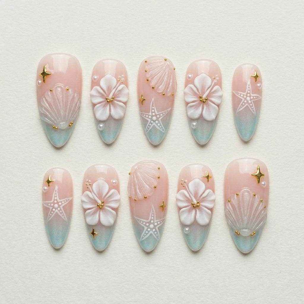 blush pink 3d almond medium press on nails hibiscus clear seashell flat lay 01