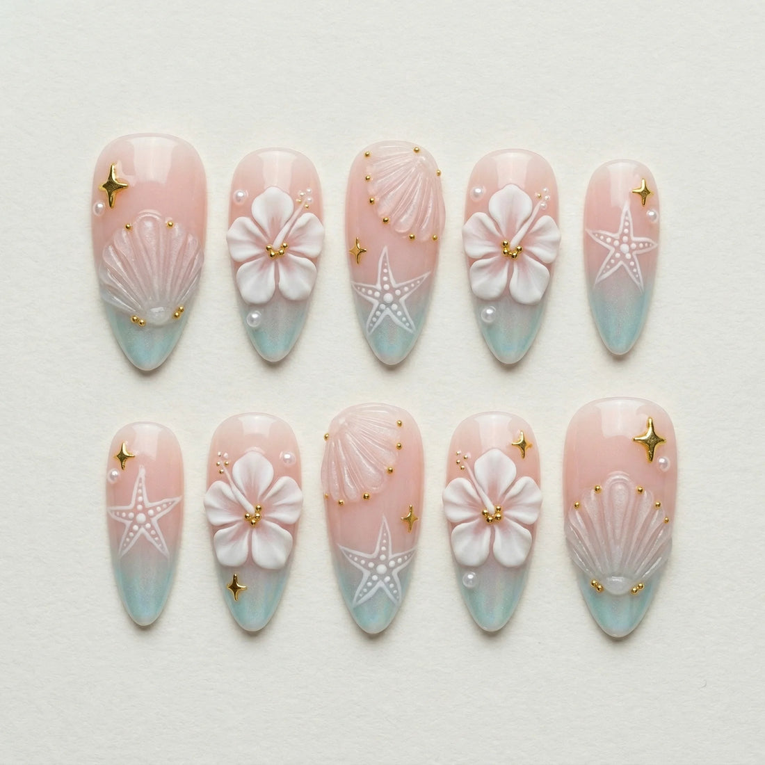 blush pink 3d almond medium press on nails hibiscus clear seashell lifestyle 02