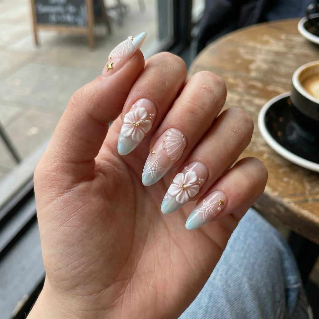 blush pink 3d almond medium press on nails hibiscus clear seashell lifestyle 02