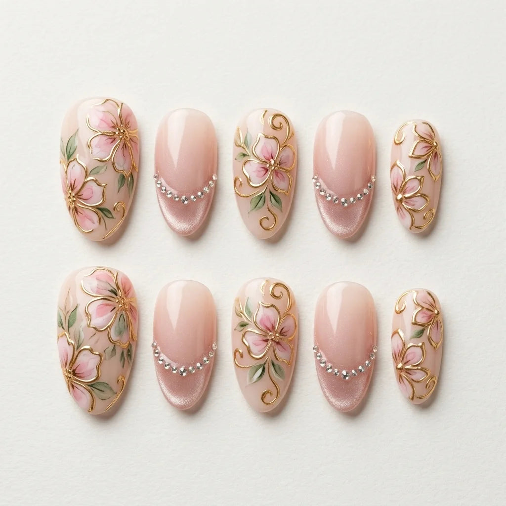 blush pink 3d cat eye hand painted almond press on nails flower rhinestone flat lay 04