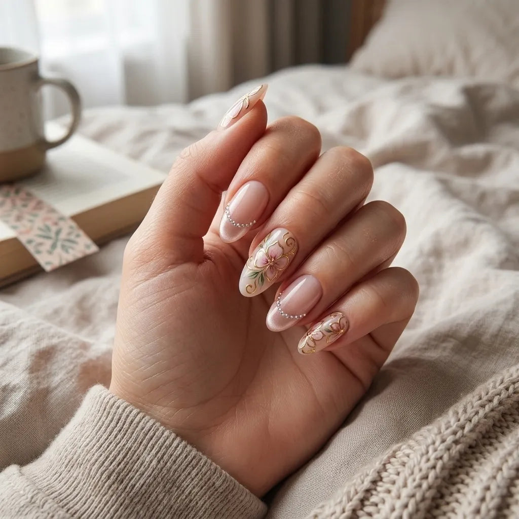 blush pink 3d cat eye hand painted almond press on nails flower rhinestone lifestyle 02