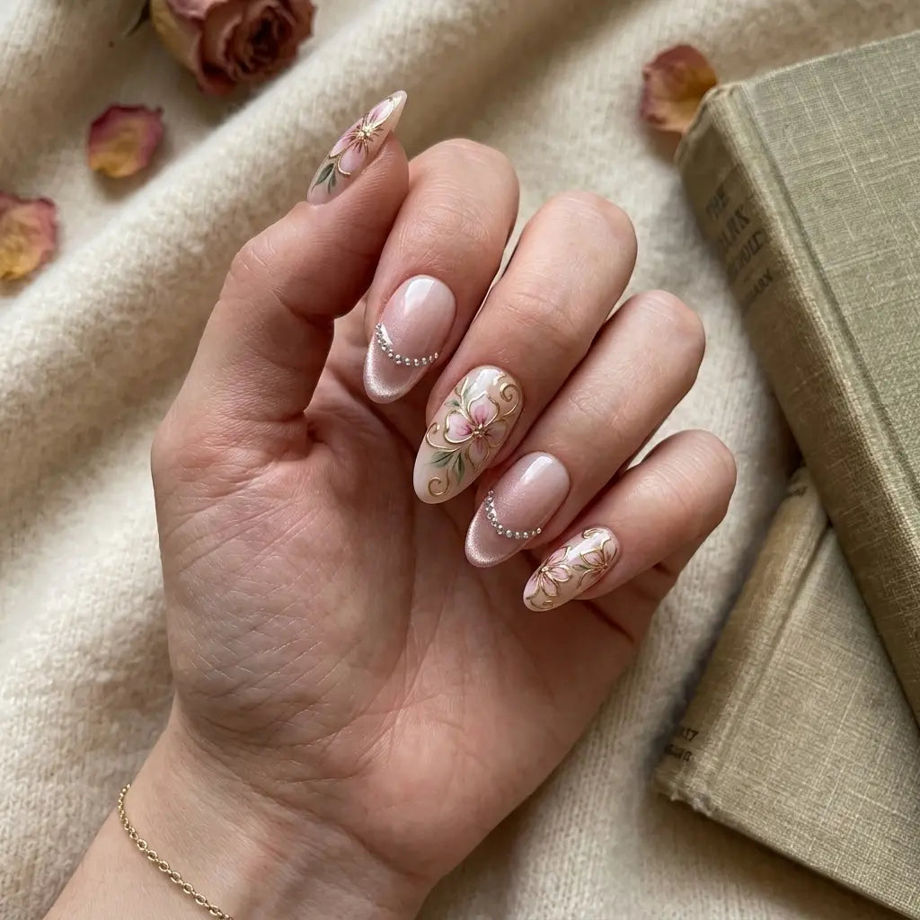 blush pink 3d cat eye hand painted almond press on nails flower rhinestone lifestyle 03