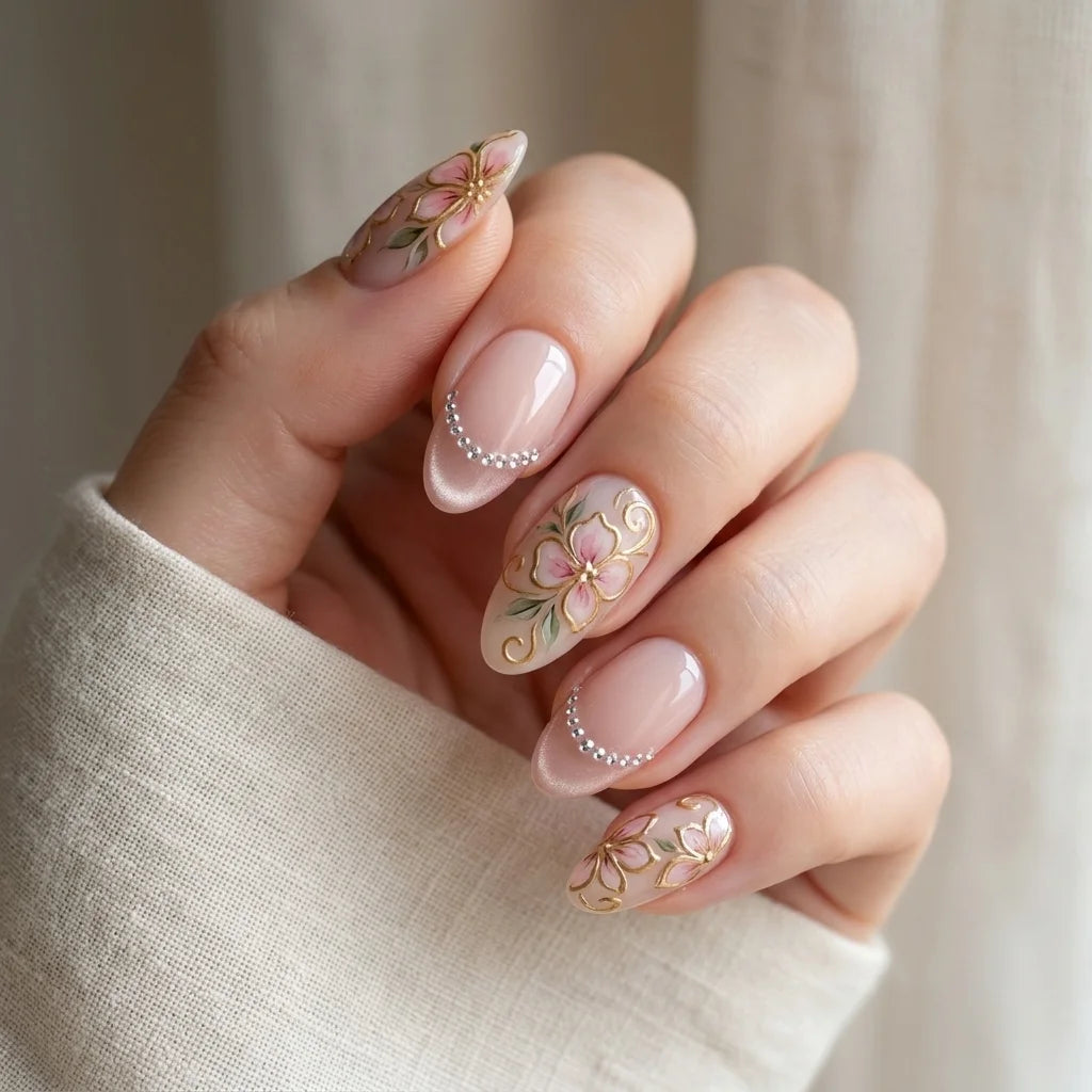 blush pink 3d cat eye hand painted almond press on nails flower rhinestone mockup 01
