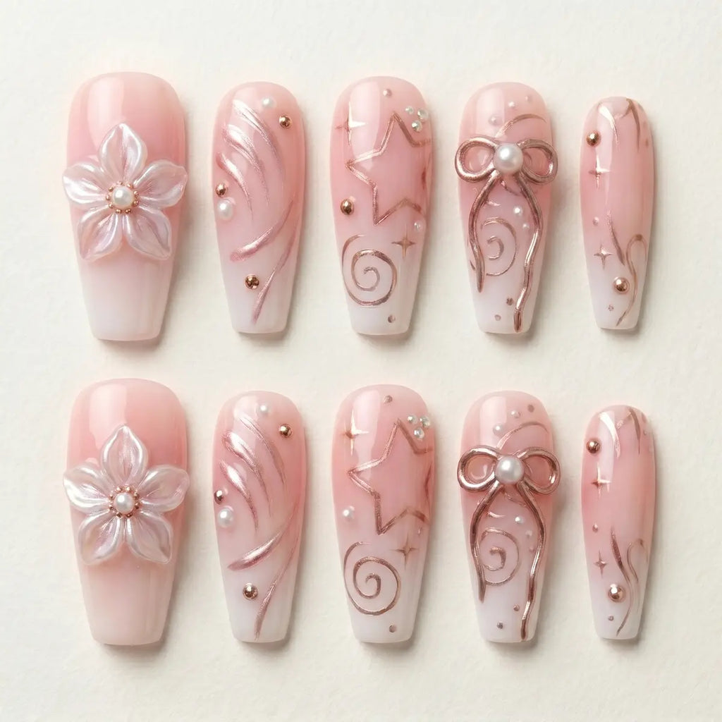 blush pink 3d charms coffin press on nails pearl ribbon bow flat lay 01