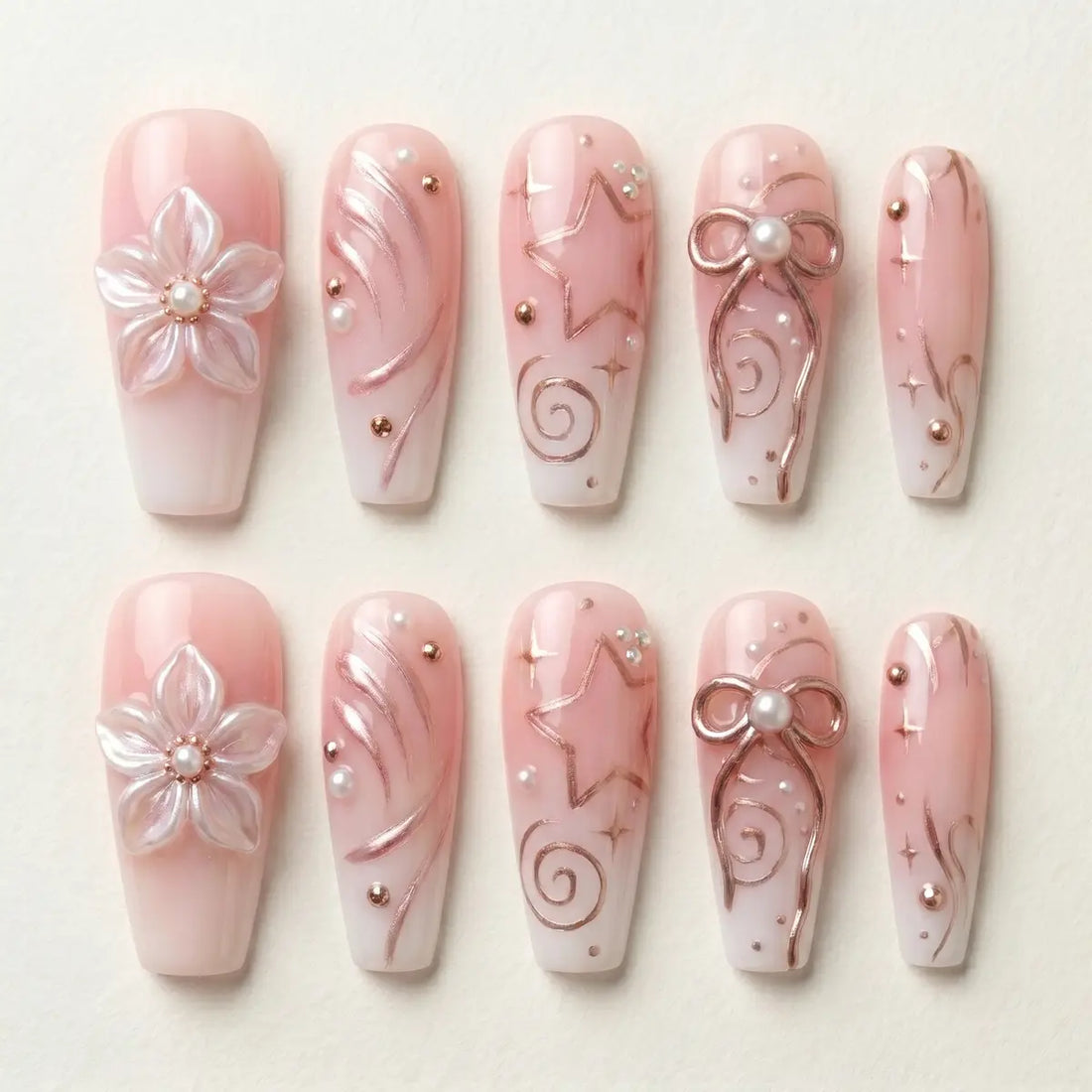 blush pink 3d charms coffin press on nails pearl ribbon bow lifestyle 01