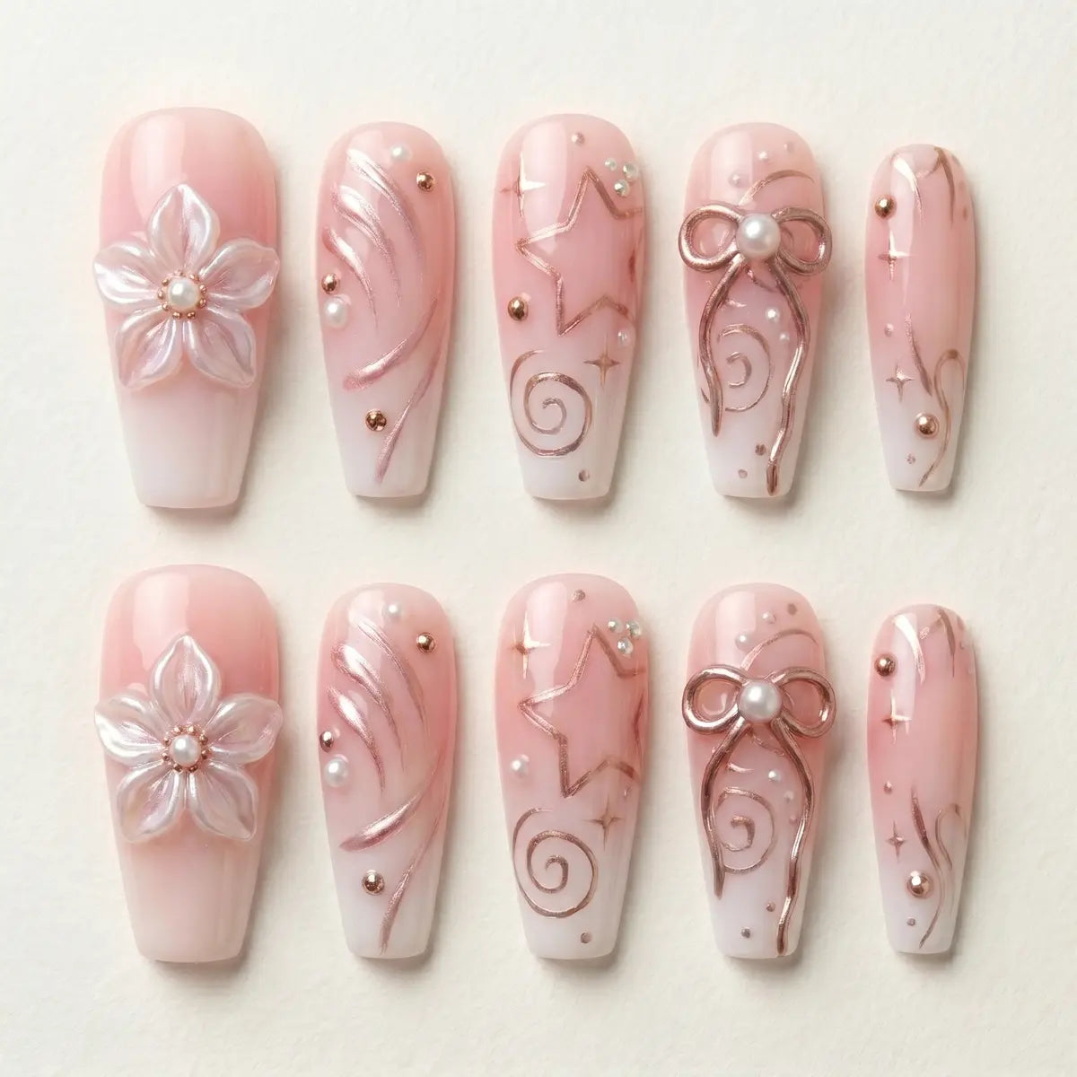 blush pink 3d charms coffin press on nails pearl ribbon bow flat lay 01