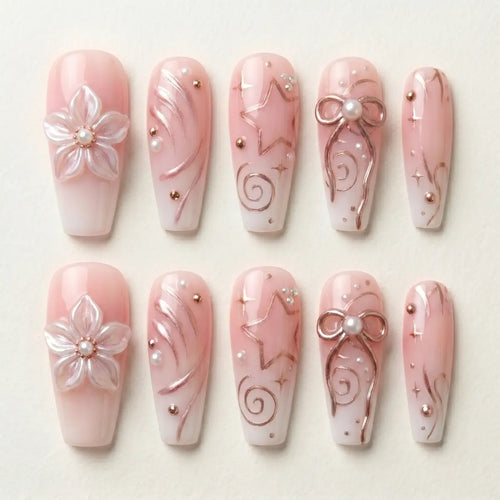 blush pink 3d charms coffin press on nails pearl ribbon bow flat lay 01