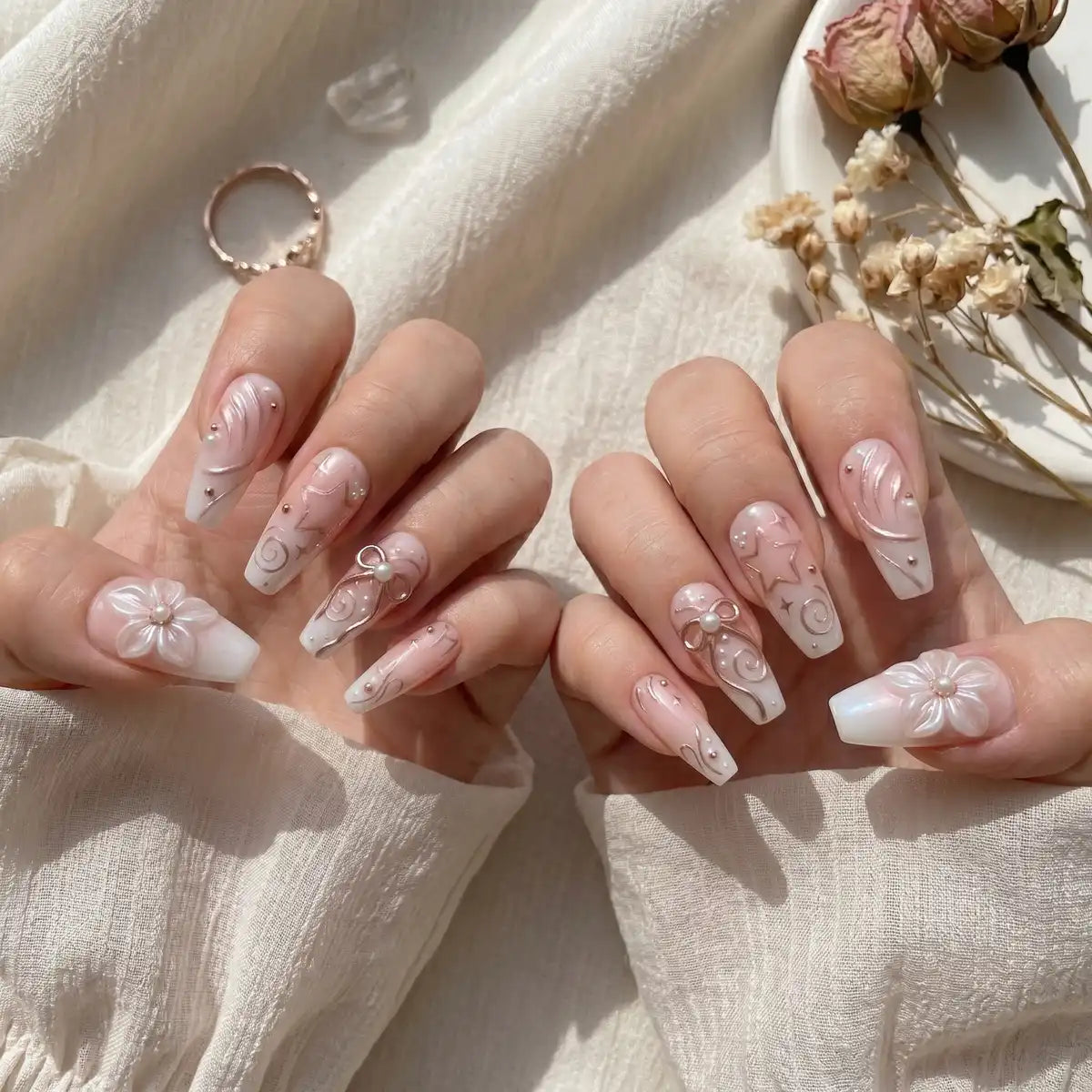 blush pink 3d charms coffin press on nails pearl ribbon bow lifestyle 01