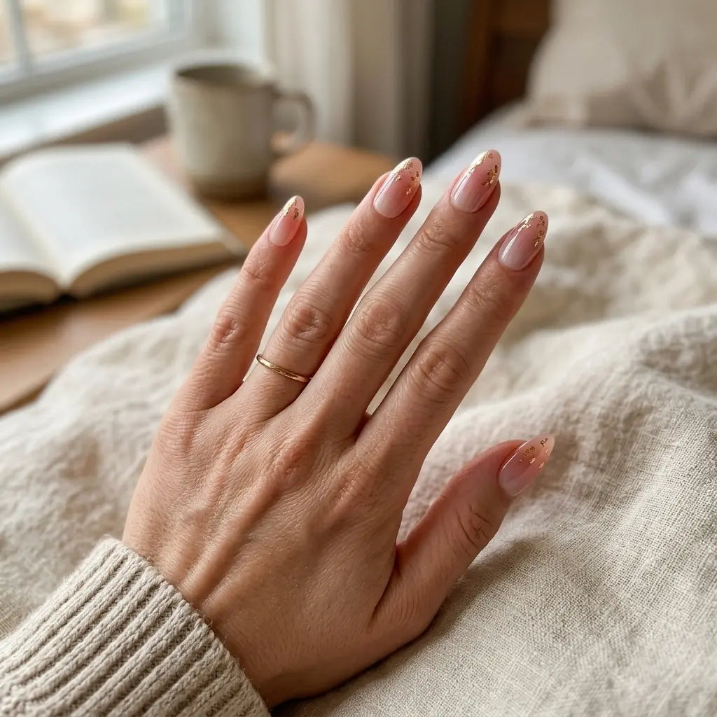 blush pink almond press on nails gold foil flat lay 01