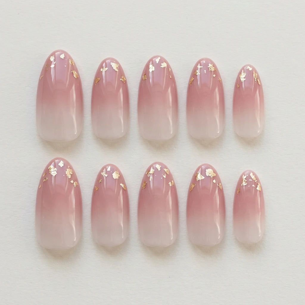 blush pink almond press on nails gold foil lifestyle 02