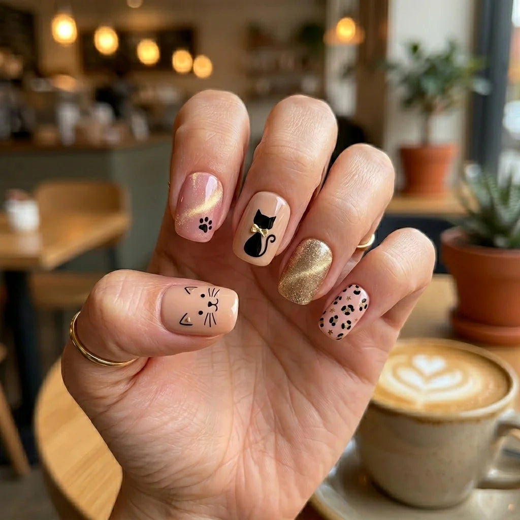 blush pink gold cat eye square short press on nails cat silhouette leopard detail 01