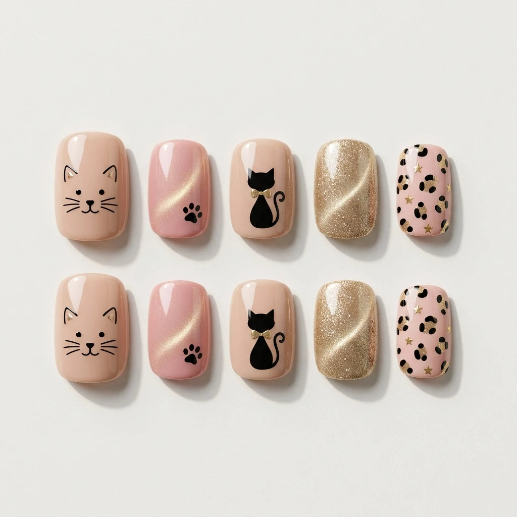 blush pink gold cat eye square short press on nails cat silhouette leopard lifestyle 01