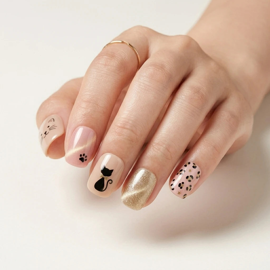 blush pink gold cat eye square short press on nails cat silhouette leopard mockup 01