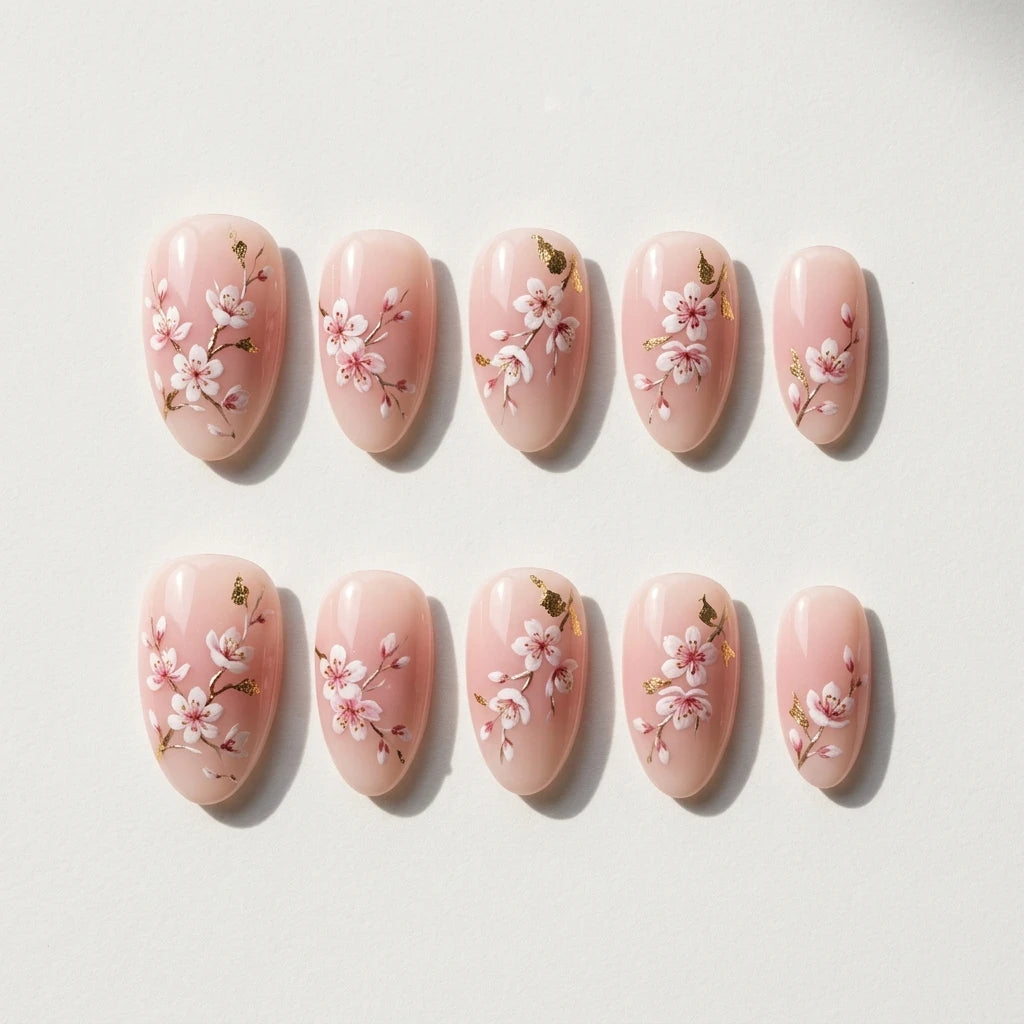 blush pink hand painted almond press on nails cherry blossom gold flake lifestyle 02