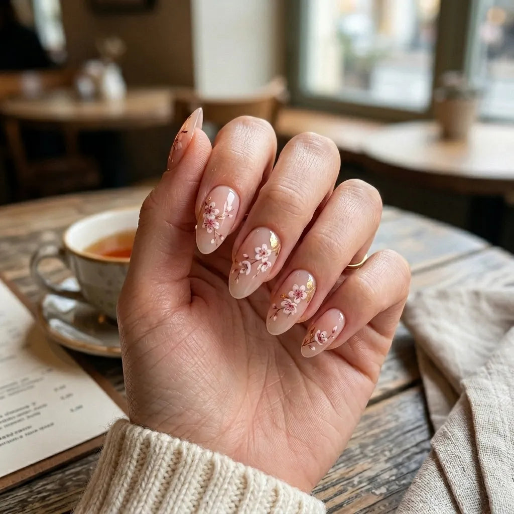 blush pink hand painted almond press on nails cherry blossom gold flake mockup 01