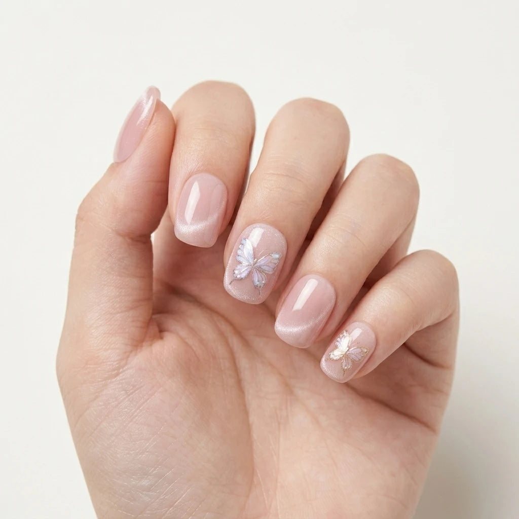 blush pink hand painted cat eye square short press on nails butterfly chrome flat lay 03