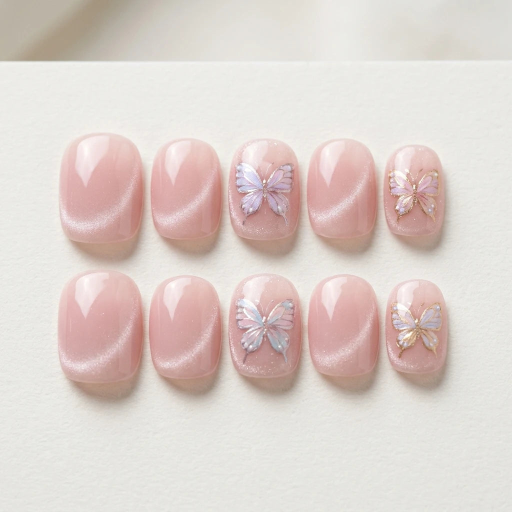 blush pink hand painted cat eye square short press on nails butterfly chrome lifestyle 02