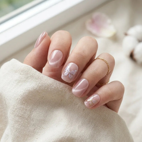 blush pink hand painted cat eye square short press on nails butterfly chrome mockup 01
