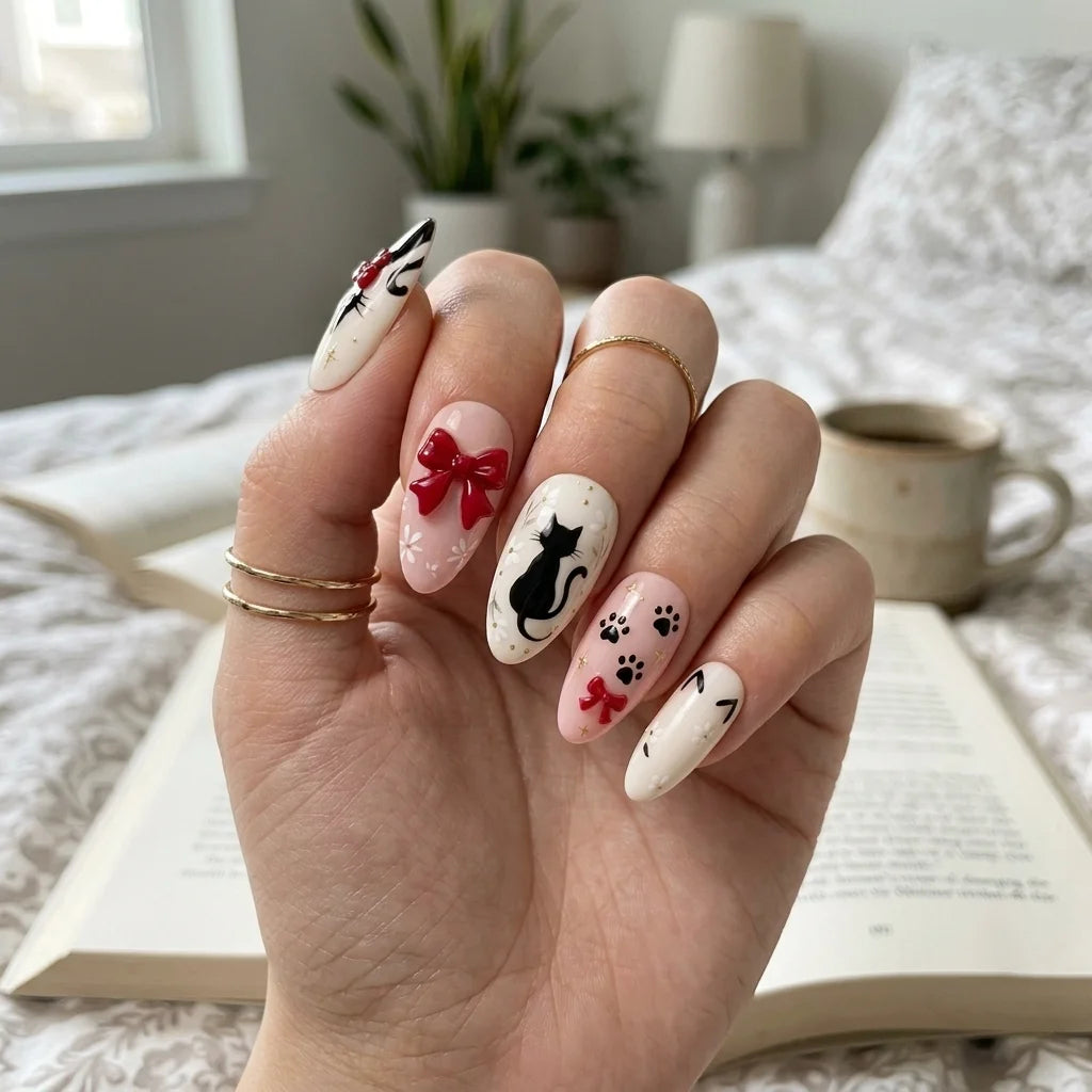 blush pink milky white 3d hand painted almond press on nails cat ribbon bow paw glitter detail 03