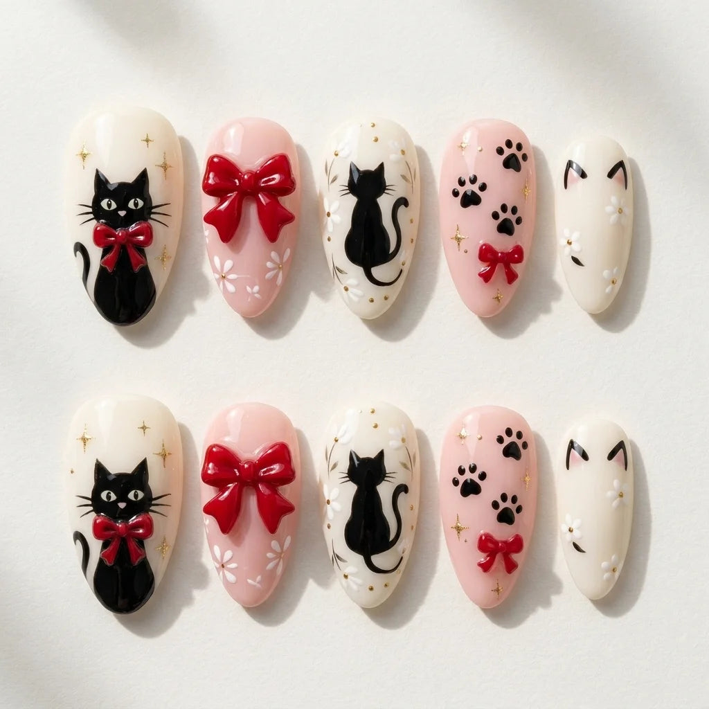 blush pink milky white 3d hand painted almond press on nails cat ribbon bow paw glitter flat lay 04