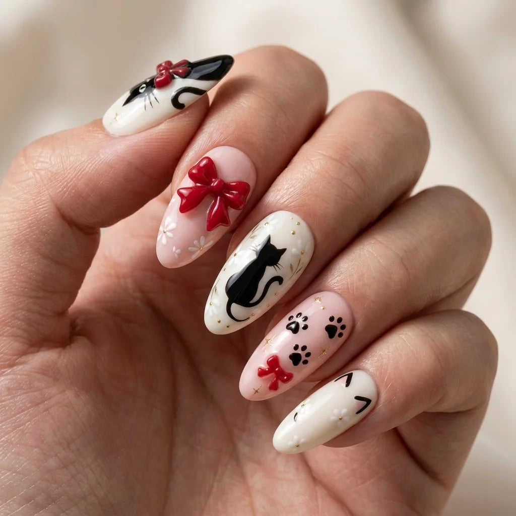 blush pink milky white 3d hand painted almond press on nails cat ribbon bow paw glitter lifestyle 02