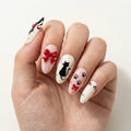 blush pink milky white 3d hand painted almond press on nails cat ribbon bow paw glitter mockup 01