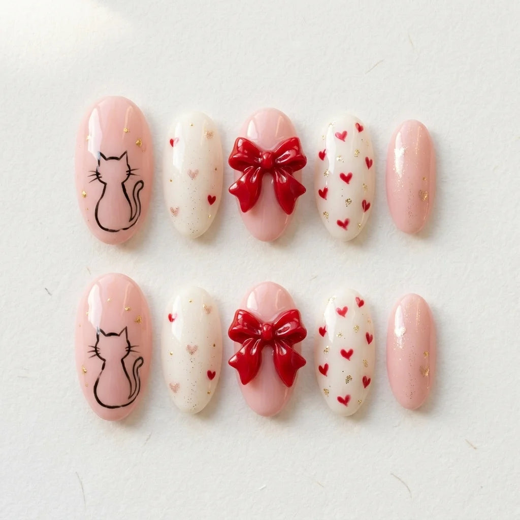 blush pink milky white 3d hand painted oval press on nails cat ribbon bow heart glitter flat lay 04