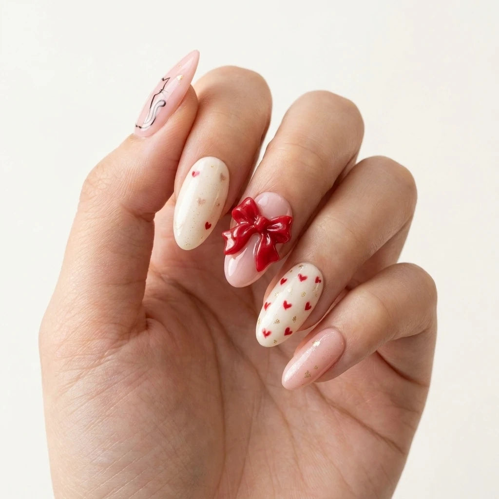 blush pink milky white 3d hand painted oval press on nails cat ribbon bow heart glitter mockup 01