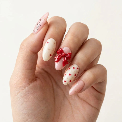 blush pink milky white 3d hand painted oval press on nails cat ribbon bow heart glitter mockup 01