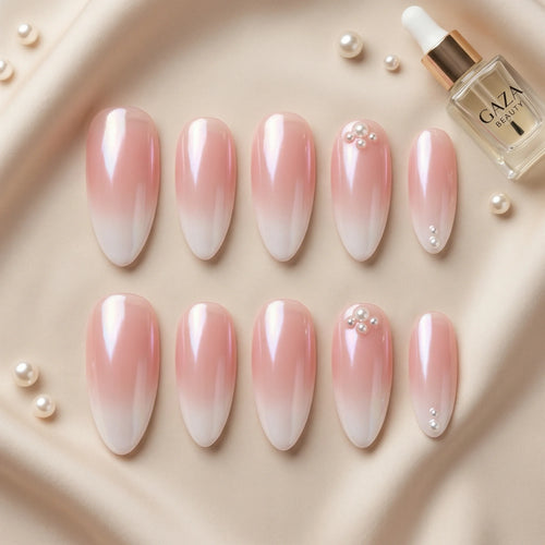 blush pink ombre pearl chrome almond medium press on nails flat lay 01