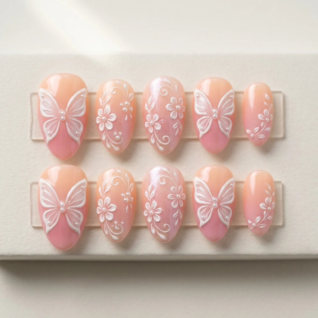 blush pink white 3d chrome almond press on nails butterfly flower pearl flat lay 04