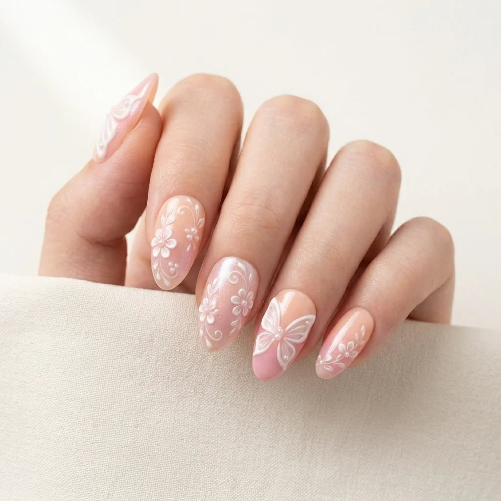 blush pink white 3d chrome almond press on nails butterfly flower pearl lifestyle 02