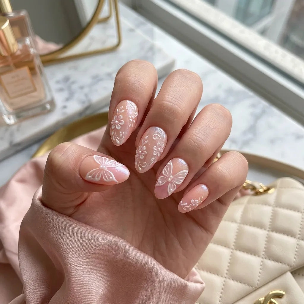 blush pink white 3d chrome almond press on nails butterfly flower pearl lifestyle 03