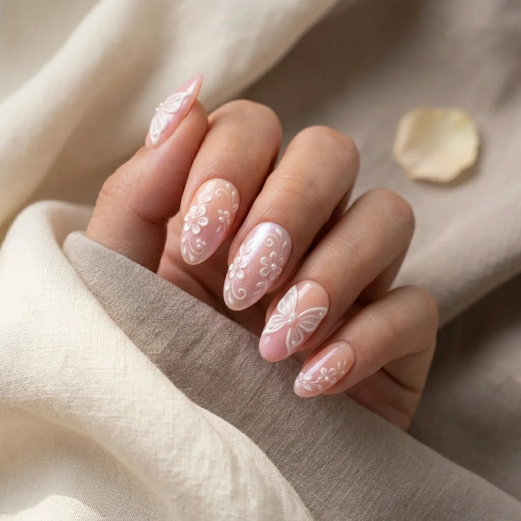 blush pink white 3d chrome almond press on nails butterfly flower pearl mockup 01