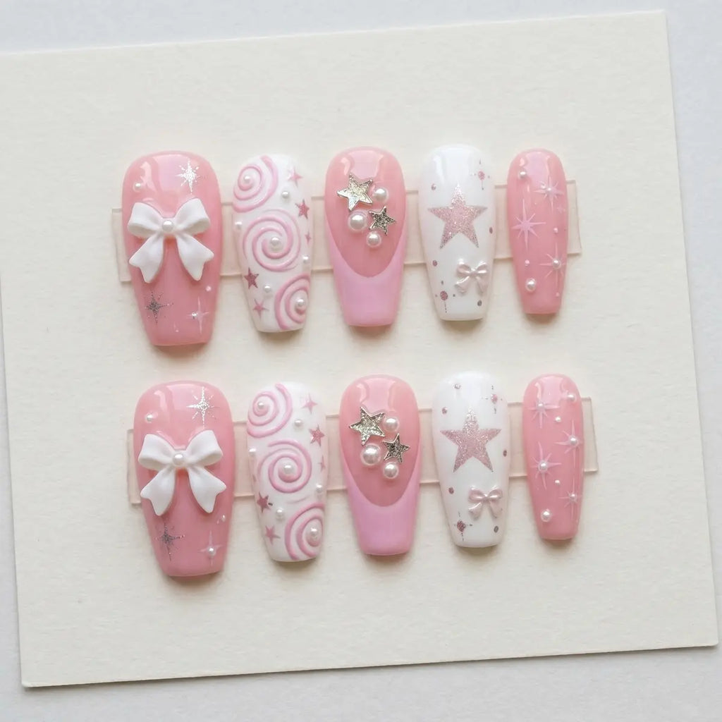 blush pink white 3d coffin long press on nails star ribbon bow flat lay 01