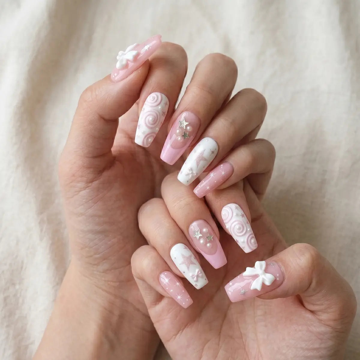 blush pink white 3d coffin long press on nails star ribbon bow lifestyle 01